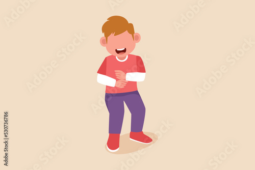 Happy little boy laugh so hard and holding belly. Cheer up pose concept. Flat vector illustrations isolated. 