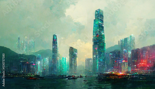 Future cyberpunk city panorama with skyscrapers. 3d illustration © NadiaArts
