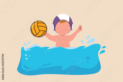 Happy little boy hold water polo ball in a pool when he plays. Water polo concept. Vector illustration.