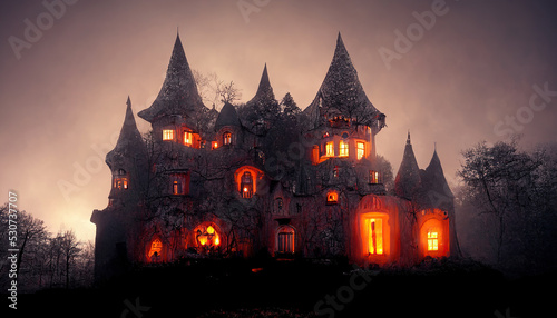 Spooky haunted old castle in dark and creepy forest. Hallooween digital illustration. 3d illustration