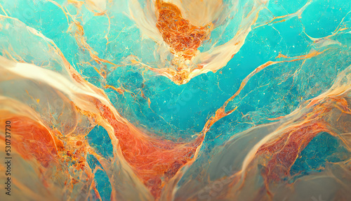 Abstract luxury marble background. Digital art marbling texture. Turquoise and peach colors. 3d illustration