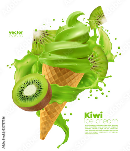 Isolated kiwi soft ice cream cone with splash. Vector 3d green realistic icecream swirl in wafer cup with sauce swirl, fruit slice and liquid drops. Summer dessert, sweet creamy food