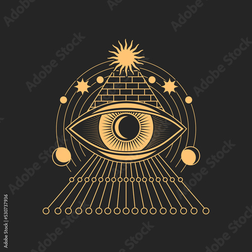 Tarot magic symbol, prediction eye ethnic amulet. Vector tattoo eye with egyptian pyramid, moon and star, occultism vision sign, tribal all seeing eye