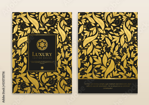 Black and gold luxury invitation card design with vector ornament pattern. Vintage template. Can be used for background and wallpaper. Elegant and classic vector elements great for decoration.