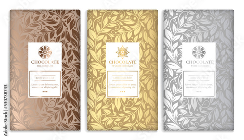 Silver and gold vintage set of chocolate bar packaging design. Vector luxury template with ornament elements. Can be used for background and wallpaper. Great for food and drink package types.