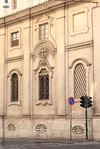 San Carlo alle Quattro Fontane Church Exterior Detail with Traffic Lights in Rome, Italy