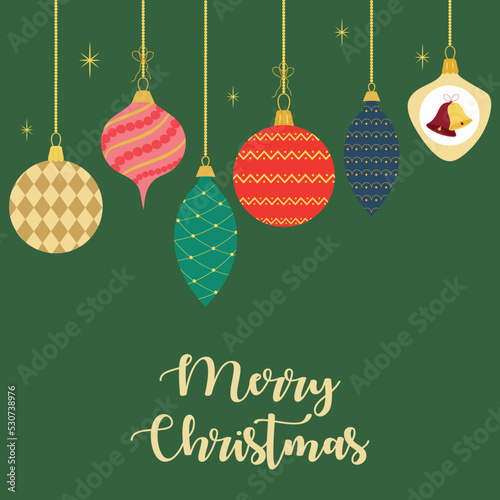 Set of holiday baubles with sign merry christmas isolated on green background. Flat vector illustration