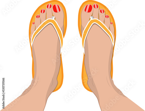 Female feet with red pedicure in summer flip-flops photo