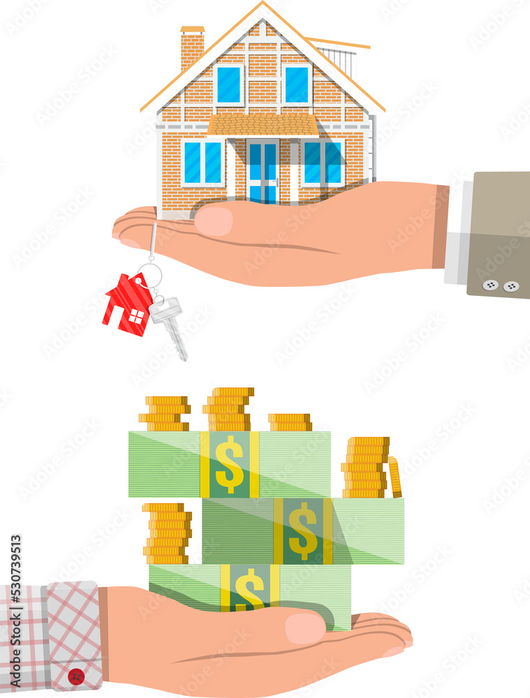 Hand with small house, keys and money