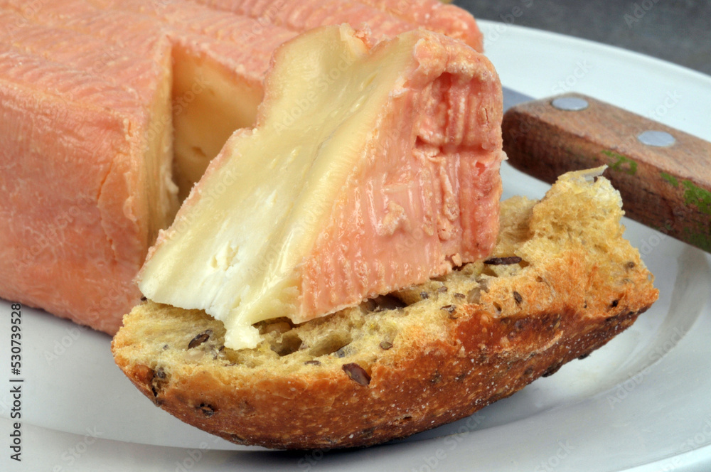 Portion de fromage Maroilles sur un morceau de pain dans une assiette avec un couteau en gros plan Portion de fromage Maroilles sur un morceau de pain dans une assiette avec un couteau en gros plan