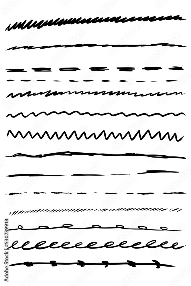 Hand drawn marker line stroke set. Highlight sketch underline and strike through. Pen line template. Vector illustration isolated on white background. Hand drawn marker line stroke set. Highlight sketch underline and strike through. Pen line template. Vector illustration isolated on white background.