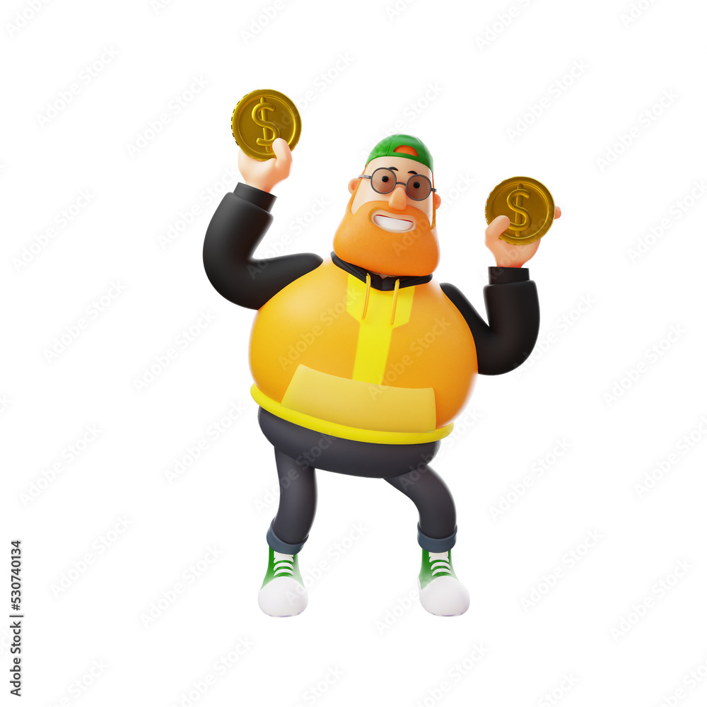 3D illustration. fat man 3D cartoon character has a gold coin. holding two gold coins in hand.showing a handsome face smiling expression. 3D Cartoon Character 3D illustration. fat man 3D cartoon character has a gold coin. holding two gold coins in hand.showing a handsome face smiling expression. 3D Cartoon Character