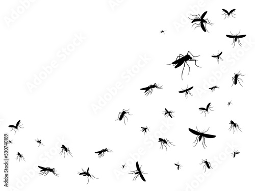 Isolated flying mosquitoes. Black silhouettes of vector pest insects swarm in air. Flock of gnats, malaria, dengue fever or zika virus infected mosquitoes, disease, virus and parasite carrier insects