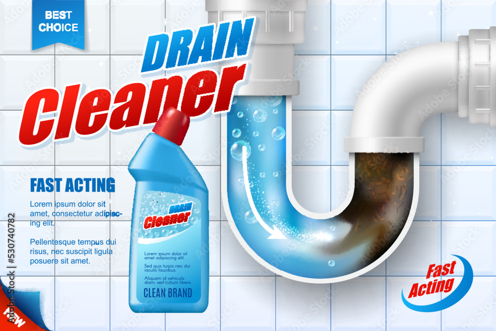 Pipe drain cleaner vector poster. Detergent bottle near clogged basin