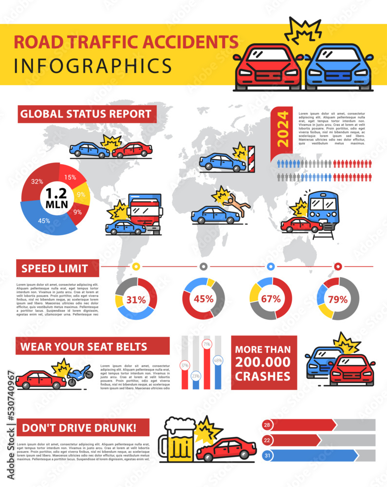 Road traffic accidents infographics, car crash vector statistics graphs. Road traffic accidents and driver safety report on injury, vehicle driving drunk info and car crash world information