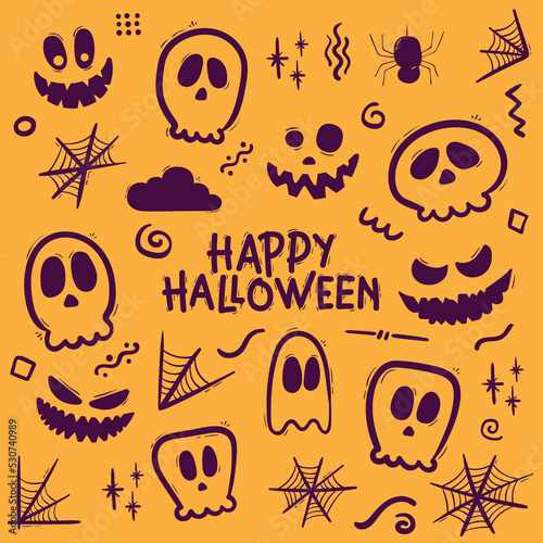 Set of Hand Drawing Halloween Skull and Faces with Decorations, Doodle Line Art EPS 10