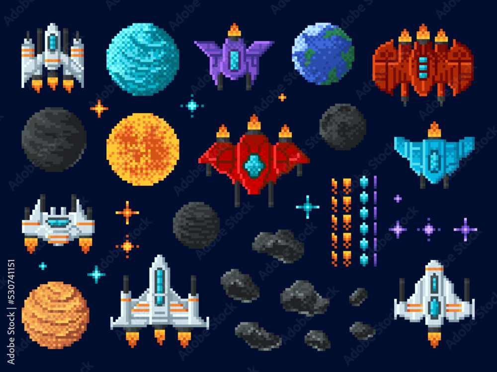 Arcade shooter 8 bit pixel art game, space invaders, alien UFO rockets,  vector icons. Galaxy shooter arcade game and pixel 8bit assets of  spaceships and stars, space planets and cosmic asteroids Stock