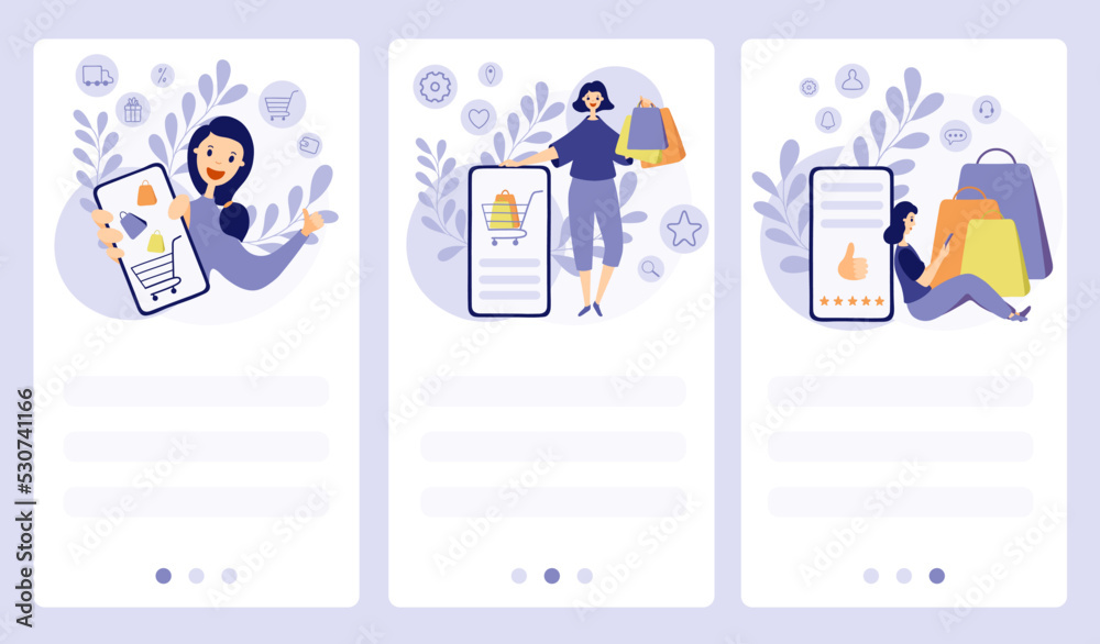 Online shopping banner, mobile app template. Concept vector illustration in flat design. Young smiling woman with the big phone.