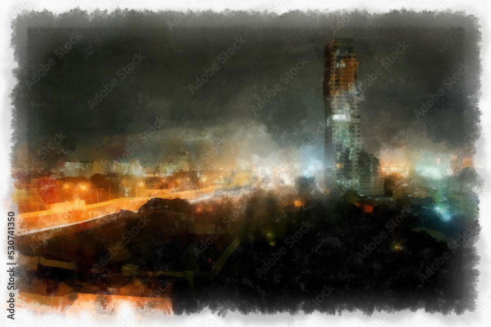Obraz premium night landscape of city watercolor style illustration impressionist painting.