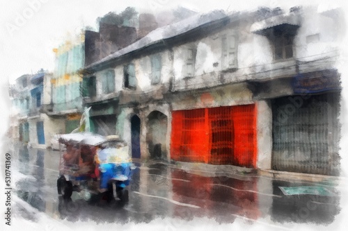 Fototapeta Naklejka Na Ścianę i Meble -  Landscape of ancient places and old town in Bangkok watercolor style illustration impressionist painting.