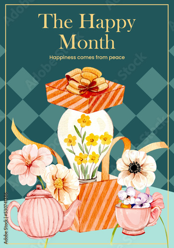 Poster template with happiness happen day concept,watercolor style