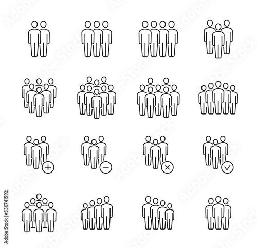 Business team, community, society, people group icons, vector silhouette symbols. Work team persons or office workers staff, social communication check, add and delete signs for organization members
