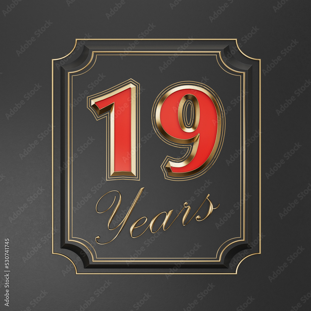 Red inscription nineteen years (19 years) with gold edges on a dark background with gold edging Red inscription nineteen years (19 years) with gold edges on a dark background with gold edging