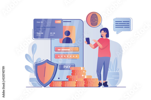Secure payment concept with people scene. Woman accesses application using password and fingerprint scanner, makes financial transaction. Vector illustration with characters in flat design for web