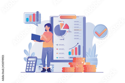Accounting concept with people scene. Woman bookkeeper making research of financial data and statistics, company profit or business income. Vector illustration with characters in flat design for web