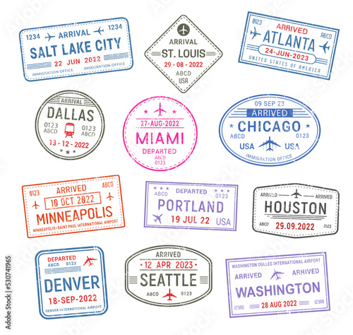 Passport travel stamps, USA airport visa arrival to american cities, vector. International USA travel stamps of Chicago, Houston and Washington, Seattle and Miami, Denver, Dallas, Atlanta and Portland