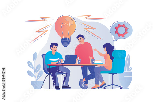 Brainstorming concept with people scene. Woman and man colleagues discuss work tasks, generate new ideas, developing strategy at conference. Vector illustration with characters in flat design for web