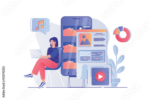 Content manager concept with people scene. Woman making content plan, creating content and fills site with video, audio and graphics. Vector illustration with characters in flat design for web