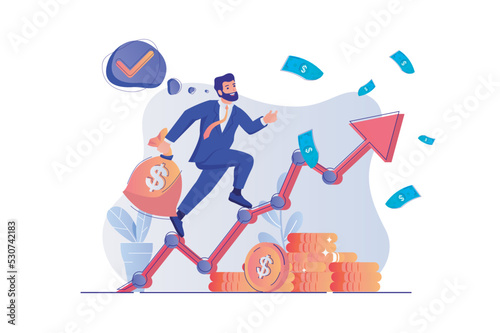 Business growth concept with people scene. Businessman successfully develops company, earning profit and increases sales performances. Vector illustration with characters in flat design for web