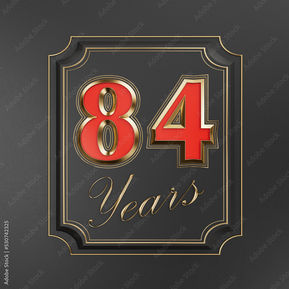 Red inscription eighty-four years (84 years) with gold edges on a dark background with gold edging Red inscription eighty-four years (84 years) with gold edges on a dark background with gold edging