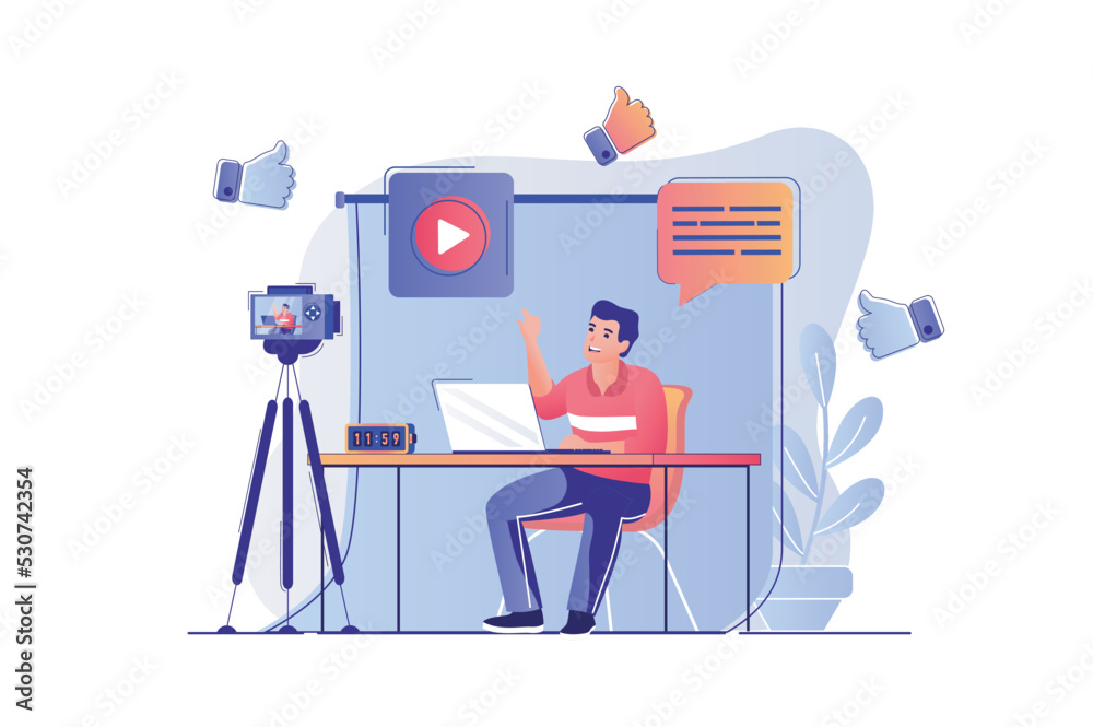 Blogging concept with people scene. Man blogger recording new video at camera, writes posts in blog for followers, making live broadcasting. Vector illustration with characters in flat design for web Blogging concept with people scene. Man blogger recording new video at camera, writes posts in blog for followers, making live broadcasting. Vector illustration with characters in flat design for web