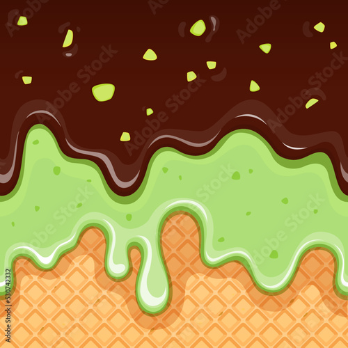 Chocolate pistachio ice cream and waffle seamless pattern, vector background. Sweet ice cream melting pattern, dessert food in waffle cone with chocolate choco drips or flow drops and pistachio
