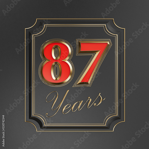Red inscription  eighty-seven years (87 years) with gold edges on a dark background with gold edging
