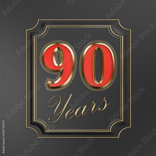 Red inscription  ninety years (90 years) with gold edges on a dark background with gold edging