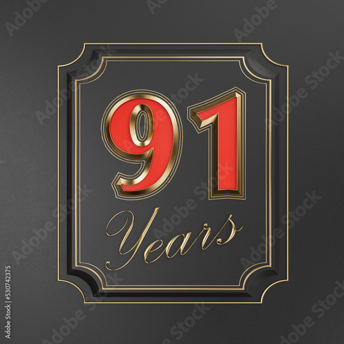 Red inscription  ninety-one years (91 years) with gold edges on a dark background with gold edging