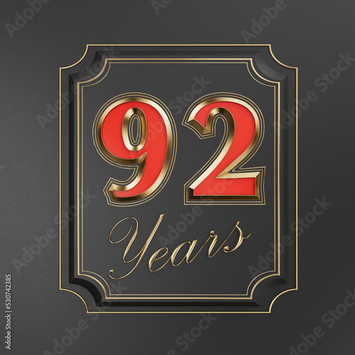 Red inscription  ninety-two years (92 years) with gold edges on a dark background with gold edging