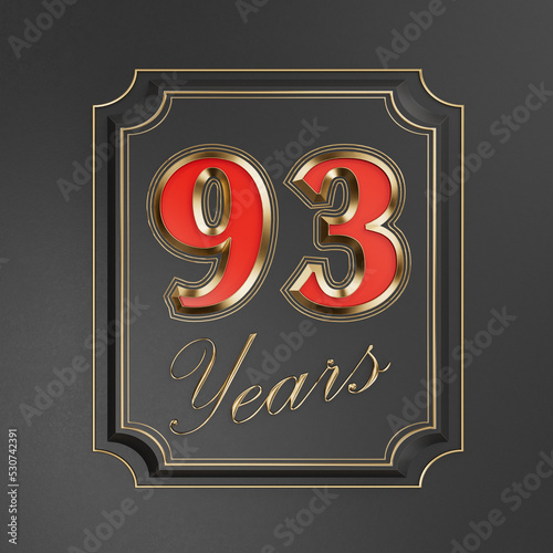 Red inscription  ninety-three years (93 years) with gold edges on a dark background with gold edging