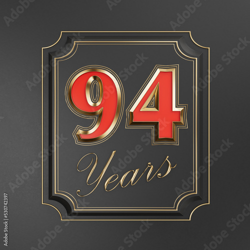 Red inscription  ninety-four years (94 years) with gold edges on a dark background with gold edging