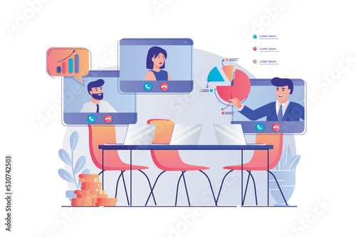 Video business conference concept with people scene. Man and woman colleagues discuss work tasks in group video chat at online meeting. Vector illustration with characters in flat design for web