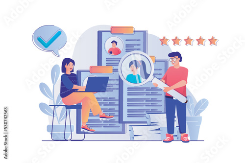 Recruitment agency concept with people scene. Woman and man headhunters looks at online resume for vacancy and choosing for candidates. Vector illustration with characters in flat design for web