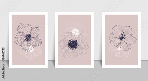 Abstract wall art gallery, set of 3 floral prints, design with hand-drawn lines in trendy color. Contemporary art, poster, collage, social networks, stories. Vector illustration