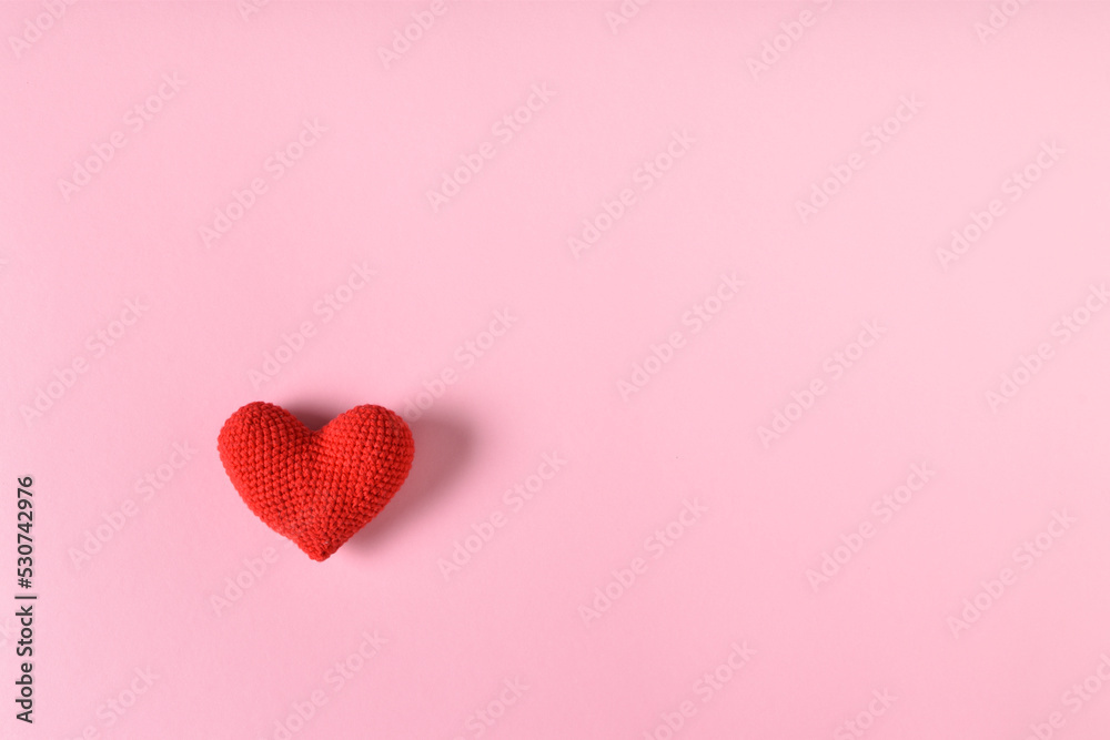 The layout of a Valentine's Day greeting card with hearts on a pink background. Copy space. Flat lay, top view