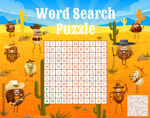 Word search puzzle game worksheet. Wild west nut sheriff, cowboys and bandits characters. Kids quiz vector game with peanut, pistachio, coconut and walnut, pecan and hazelnut, cashew and almond