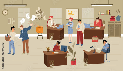 Angry boss yell on employees in office. Furious ceo scolding and rebuking incompetent workers, shouting on business men and women at workplace interior, Cartoon linear flat vector illustration, set