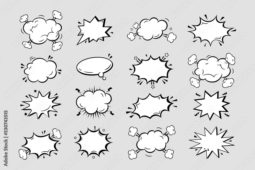 Naklejka premium Hand drawn collection of empty comic speech bubbles stickers with cloud, stars isolated on grey. Pop art vector cartoon illustration in retro style. Design for comic book, poster, banner, card