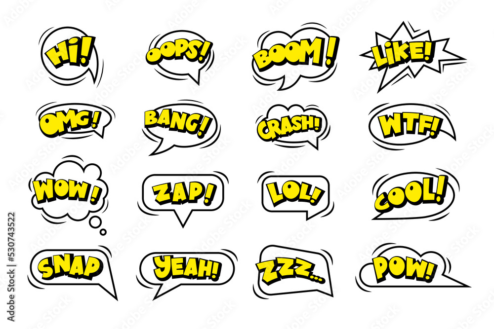 Сomic speech bubbles stickers with text, cloud, stars on white background. Pop art vector cartoon illustration in retro style. Design for comic book, poster, banner, card Сomic speech bubbles stickers with text, cloud, stars on white background. Pop art vector cartoon illustration in retro style. Design for comic book, poster, banner, card